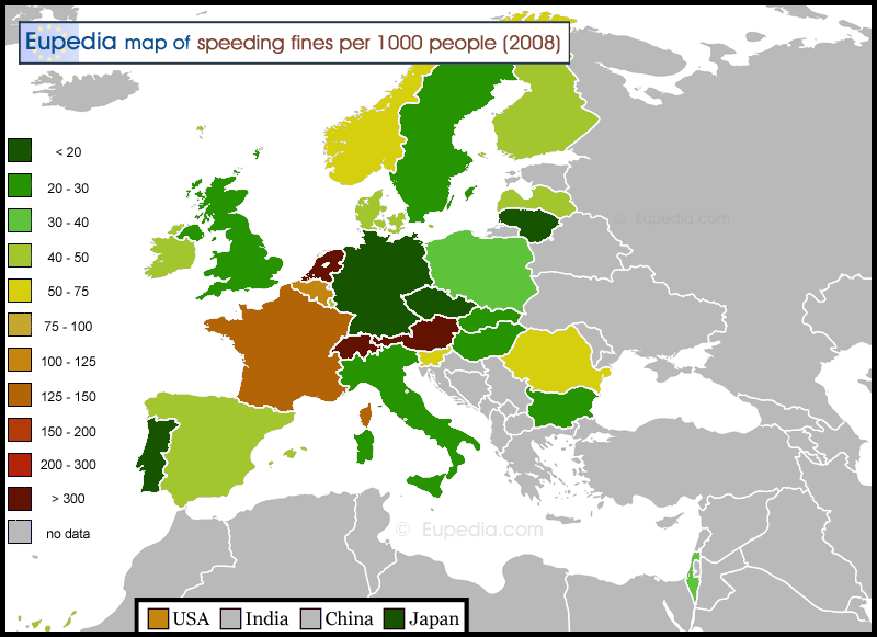 Map showing the number of speeding fines per 1,000 people in Europe