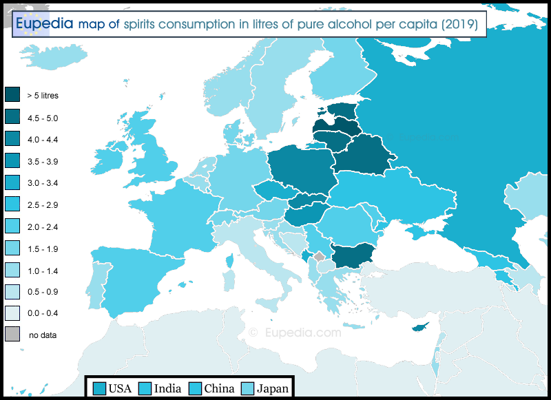 Map of spirits consumption per capita per year in and around Europe