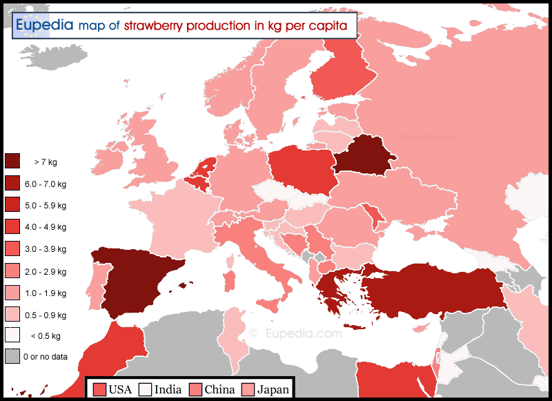 Map of strawberry production in kg per capita in and around Europe