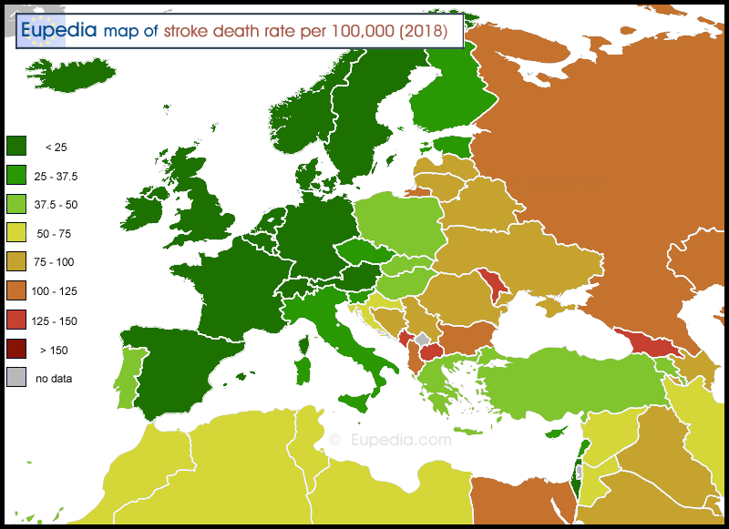 Map of stroke death rate per 100,000 people in and around Europe