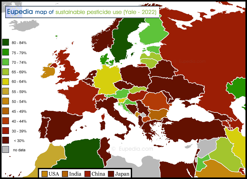 Map showing the sustainable pesticide use by country in and around Europe