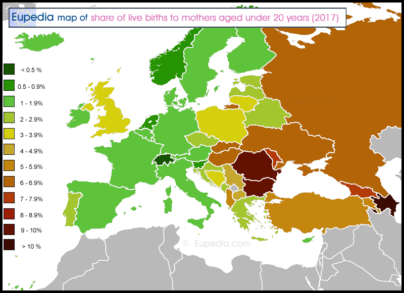 Map showing the rate of birth to teenage mothers by country in Europe