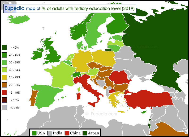 Map showing the percentage of adults aged 25 to 64 who completed tertiary education in and around Europe