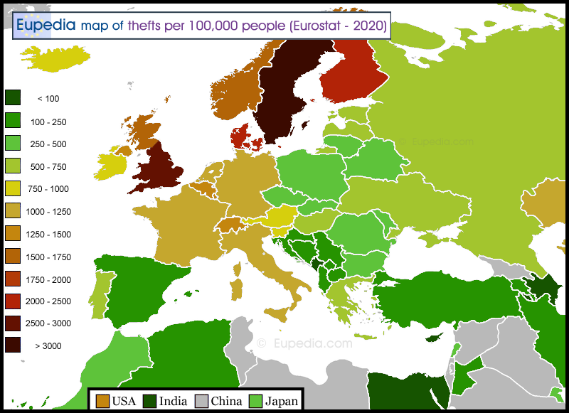 Map of theft rates in and around Europe