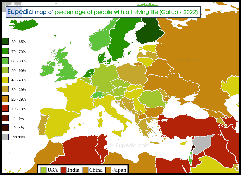 Map of percentage of people people with a thriving life in and around Europe