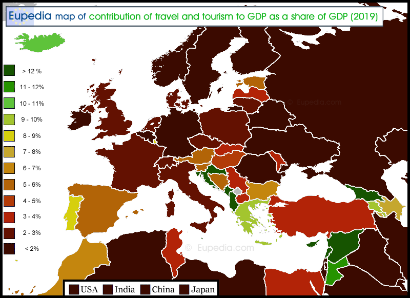 Map showing the share of GDP from travel and tourism revenues in and around Europe in 2019