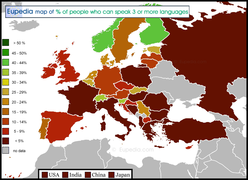 Map of percentage of trilingual people by country in and around Europe