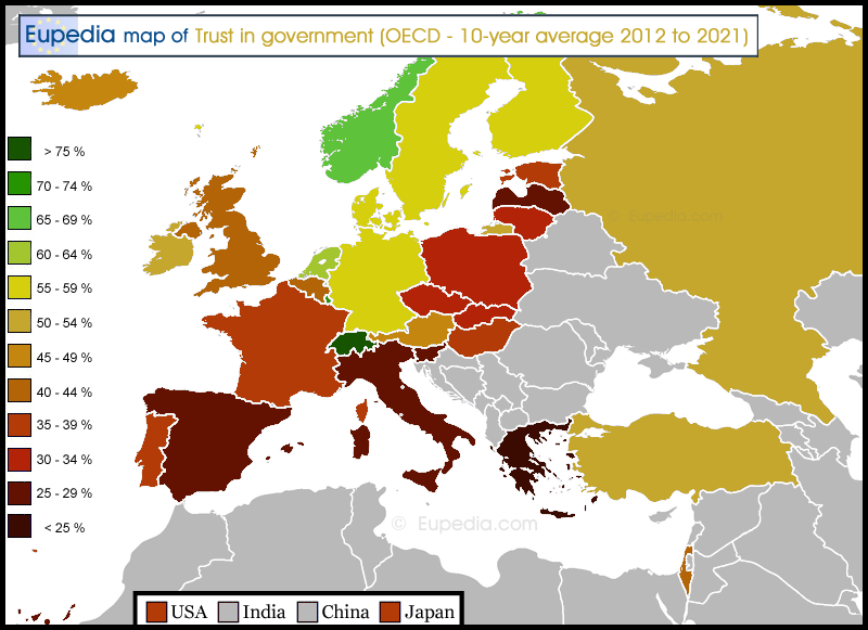 Map of trust in government in and around Europe (OECD - 10-year average from 2012 to 2021)