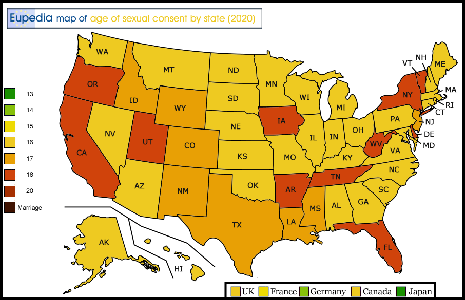 Map of legal age of sexual consent in the U.S. by state