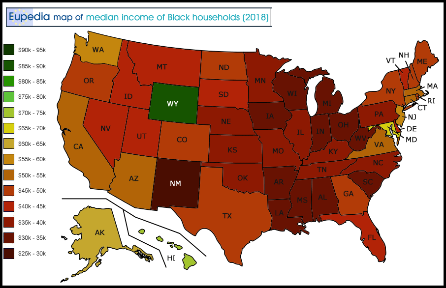 Map of median income of Black households by U.S. state