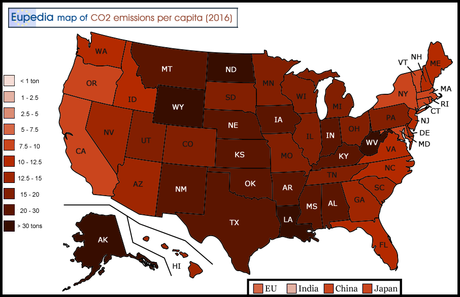 Map of CO2 emissions per capita in the U.S. by state