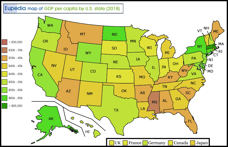 Map of GDP per capita in the USA by state