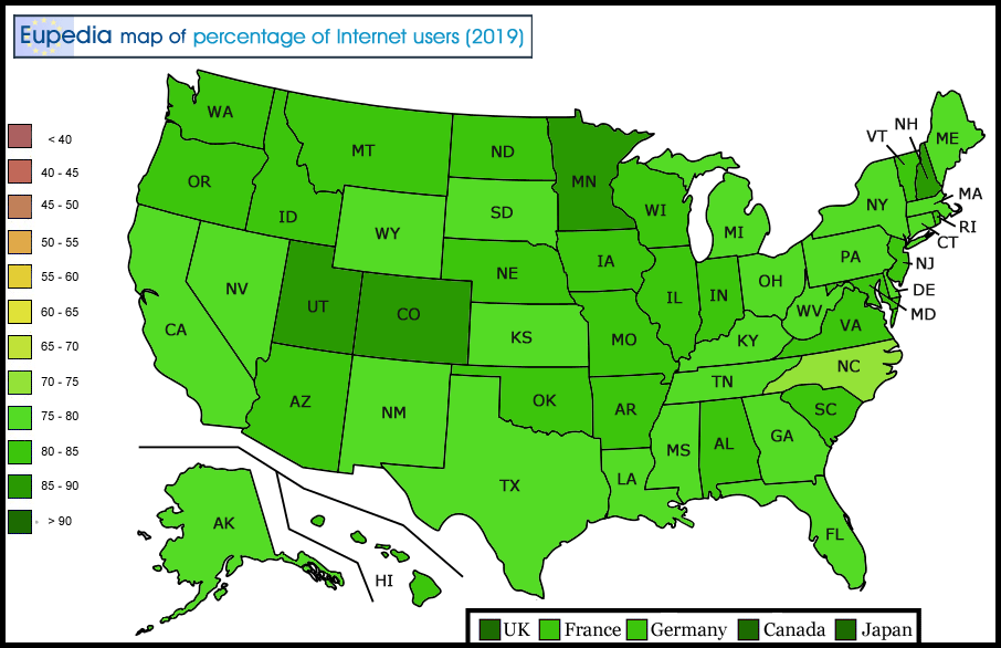 Map of Internet Penetration in the USA by state