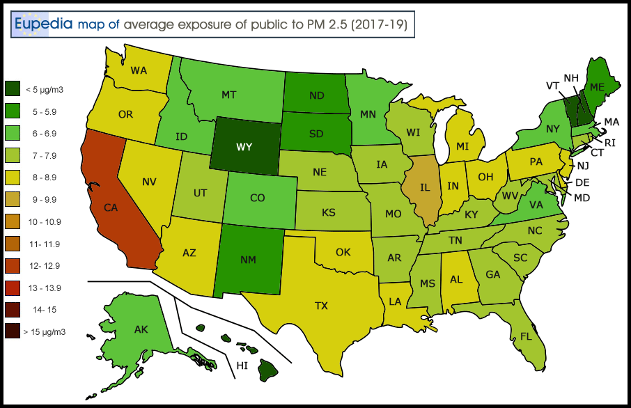 Map showing the average exposure to fine particulate matter (PM2.5) in the U.S. by state