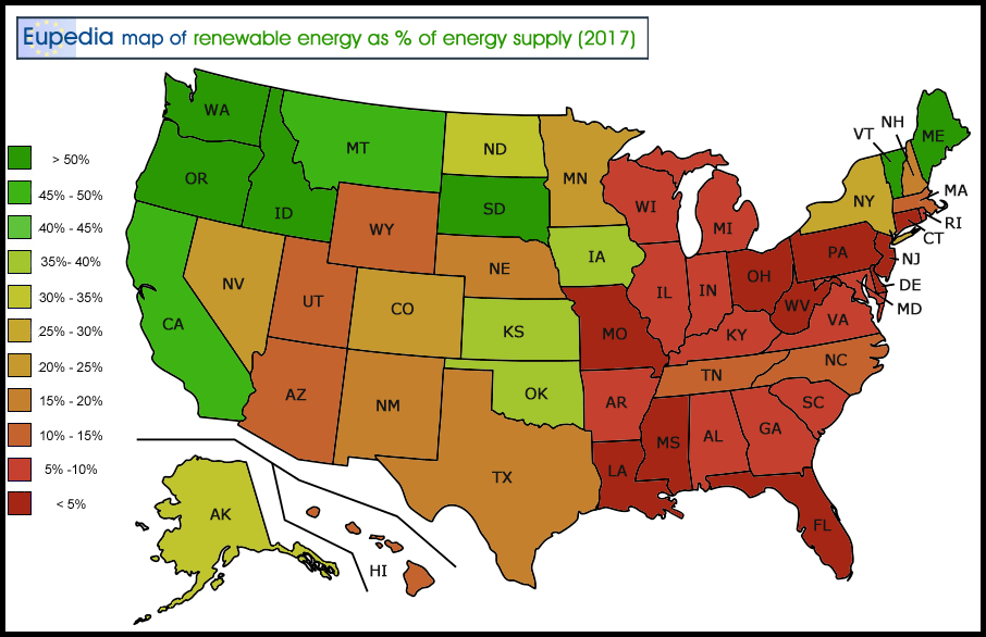 Map of renewable energy rates in the U.S. by state