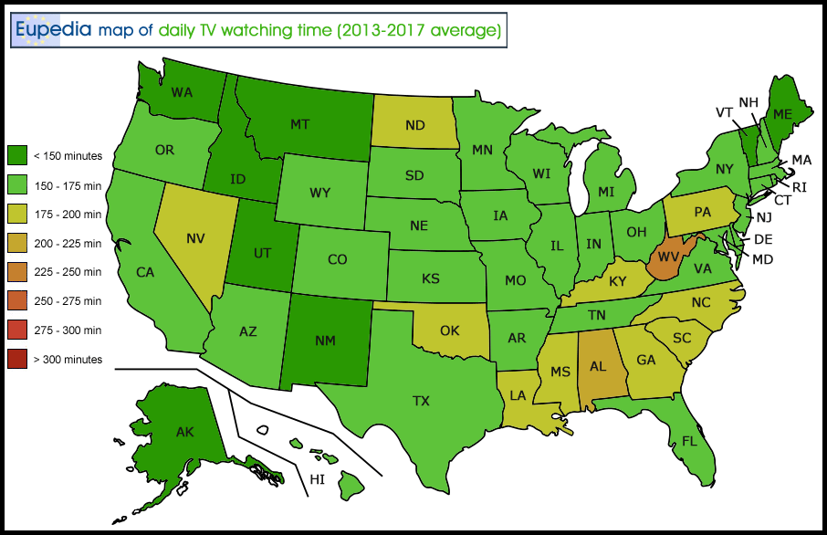 Map of daily TV watching time by US States