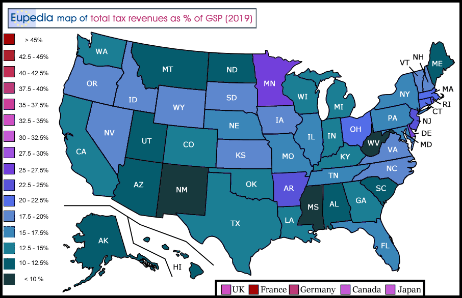 Map of Total Tax Revenues as Percentage of GDP in the USA by state