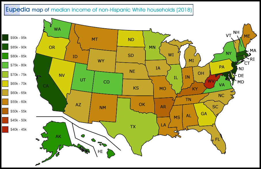 Map of median income of White households by U.S. state
