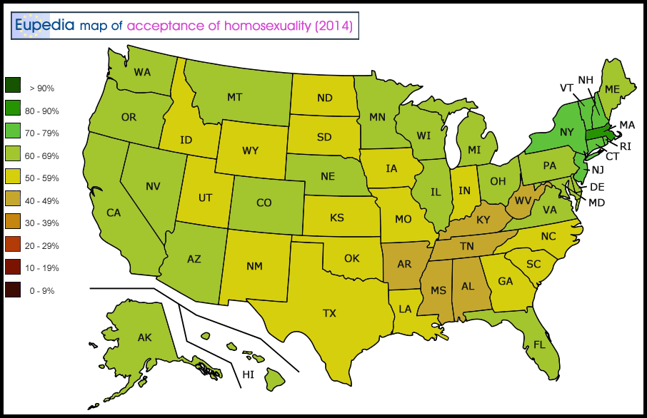 Map of acceptance of homosexuality in the USA by state