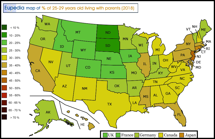 Map showing the pPercentage of people aged 25 to 29 years old living with their parents in Europe