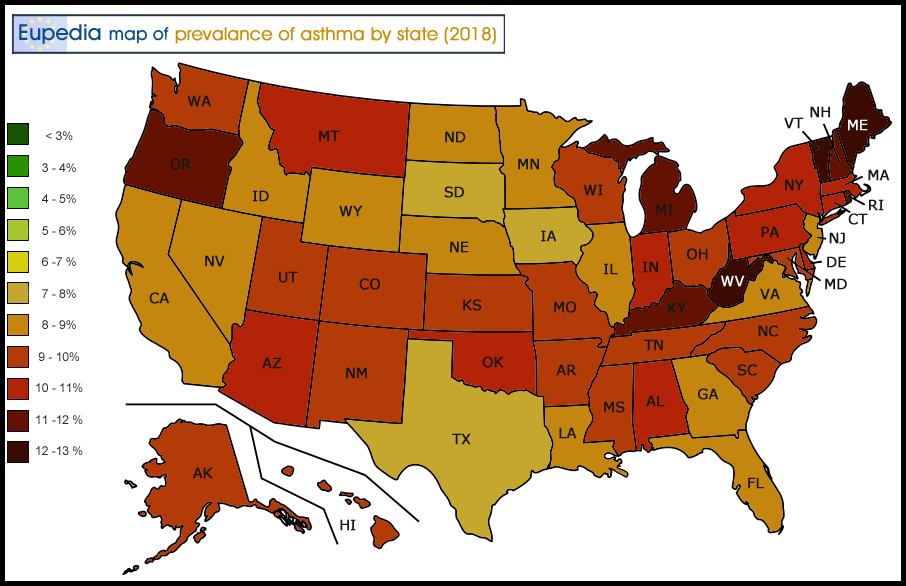 Map of asthma prevalence by US States