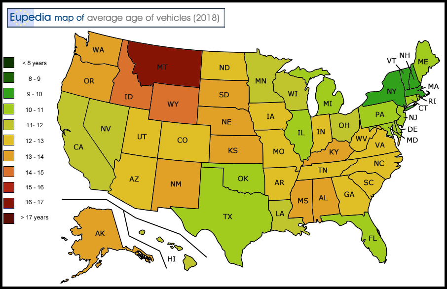 Map of age of cars by country in the U.S. by state