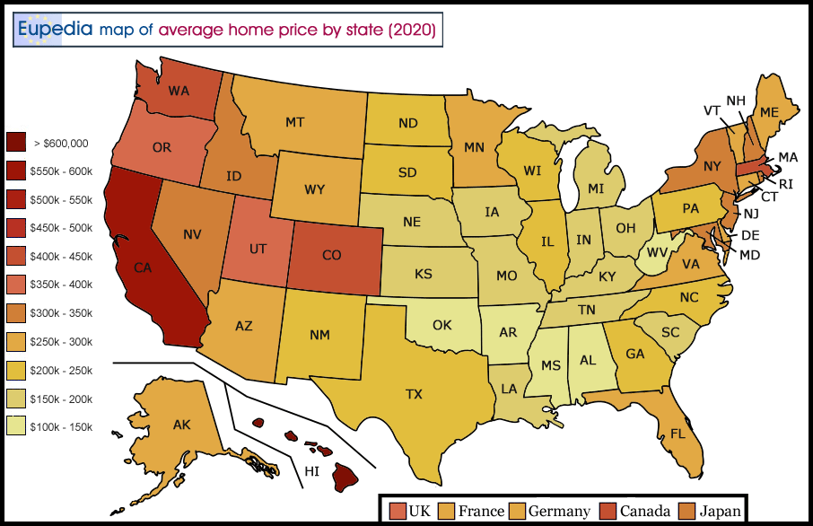 Map of average house prices in the USA by state