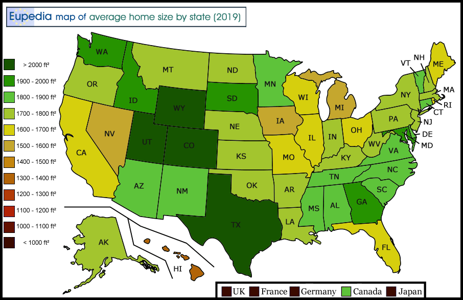 Map of average house sizes in the USA by state