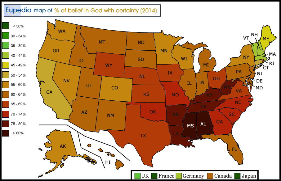 Map of percentage of adults who believe in God with certainty in the USA by state
