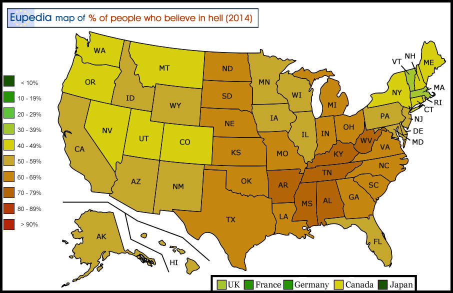 Map of percentage of adults who believe in Hell in the USA by state