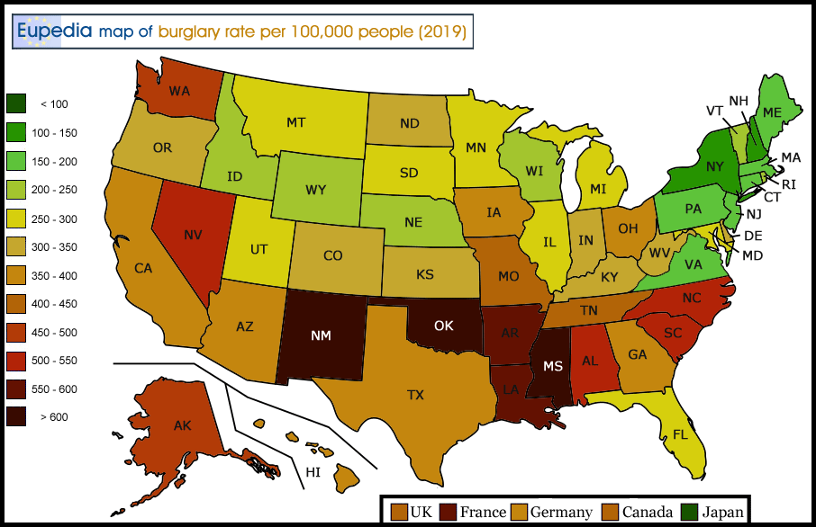 Map of burglary rates in the U.S. by state