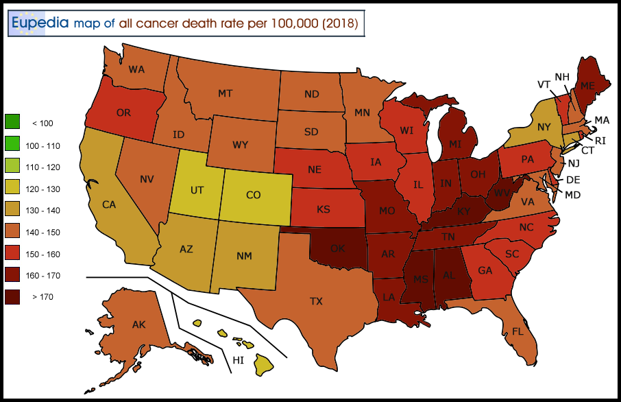 Map of cancers death rate per 100,000 people by US States