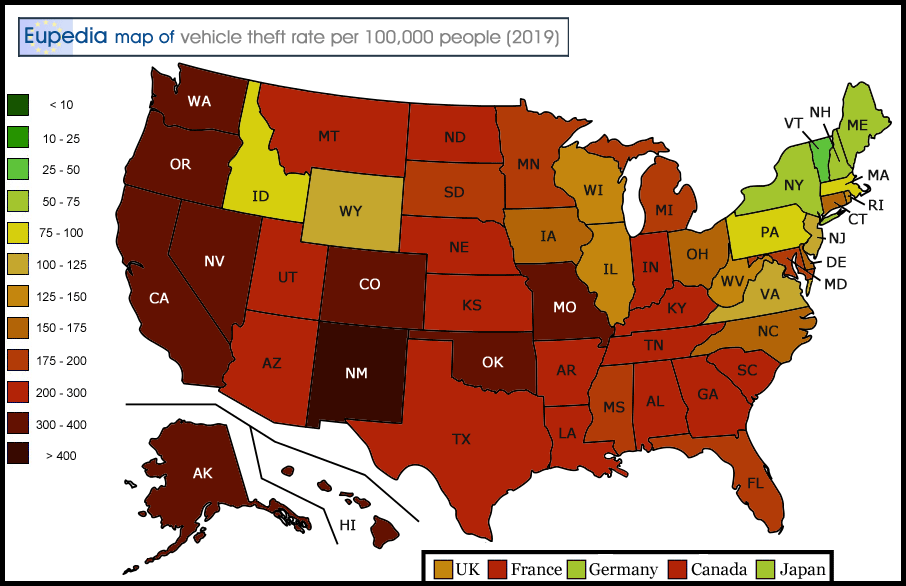Map of car theft rates in the U.S. by state