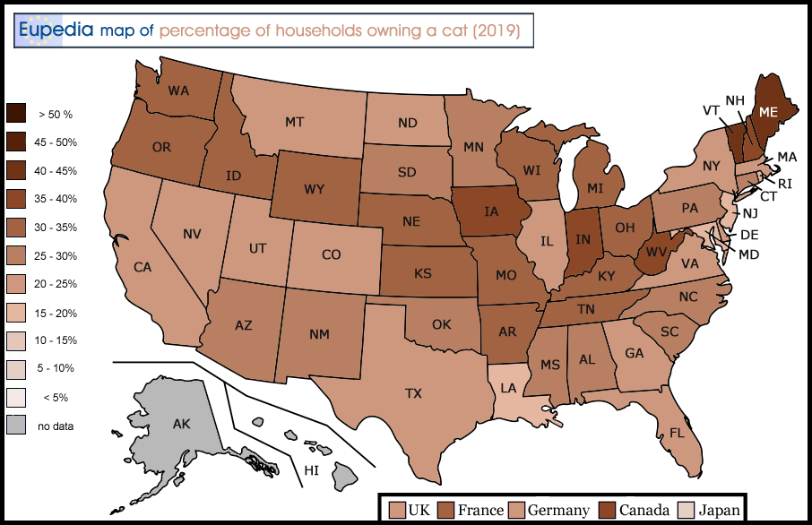 Map showing the percentage of households owning a cat in the USA by state