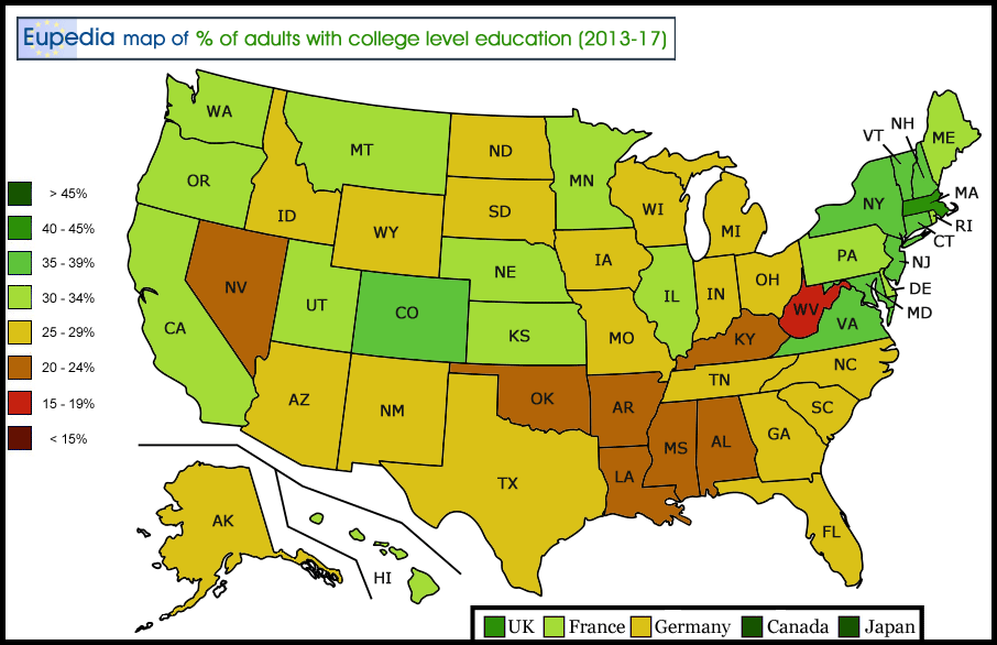Map showing the percentage of adults aged 25 to 64 who completed tertiary education in the USA by state