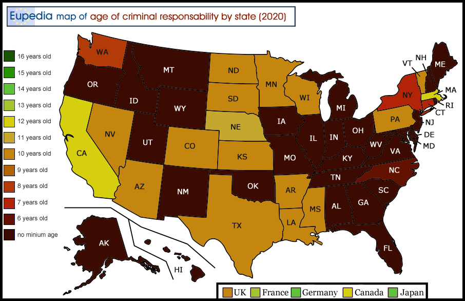 Map showing the age of criminal responsability in the U.S. by state