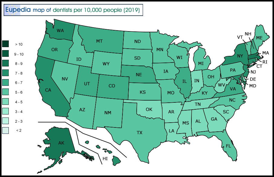 Map of dentists per 10000 inhabitants by US States