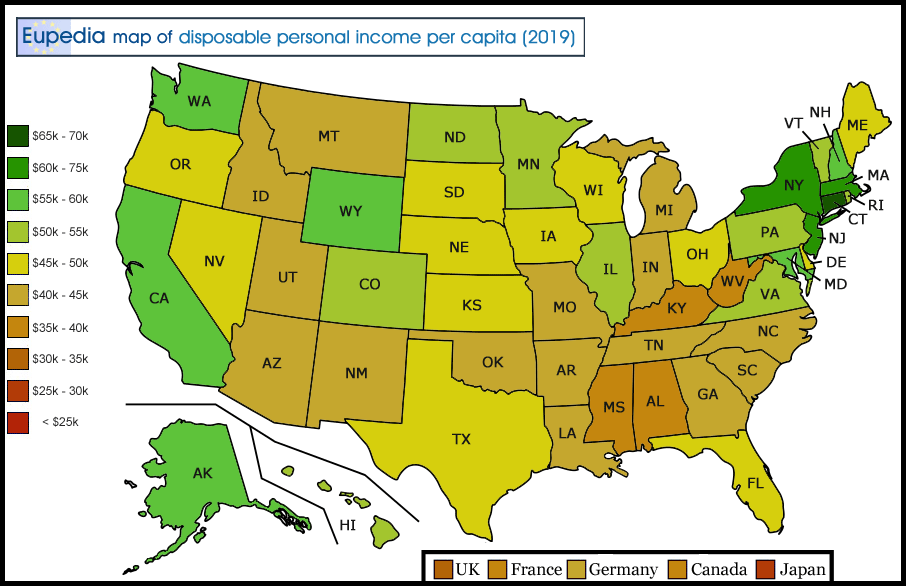 Map of disposable personal income per capita in the USA by state