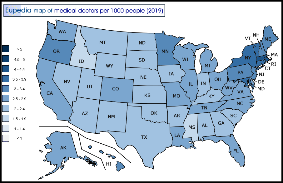Map of physicians per 1000 inhabitants by US States