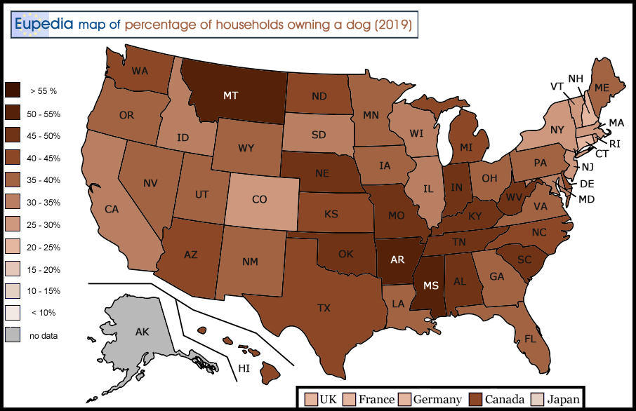 Map showing the percentage of households owning a dog in the USA by state