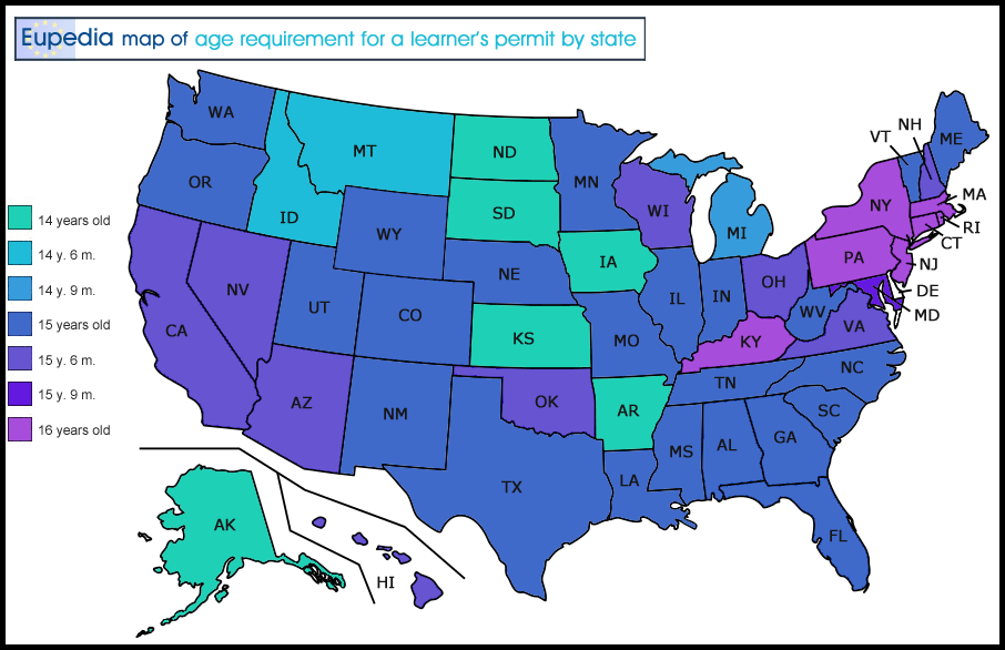 Map of legal age requirement for a learner's permit in the U.S. by state