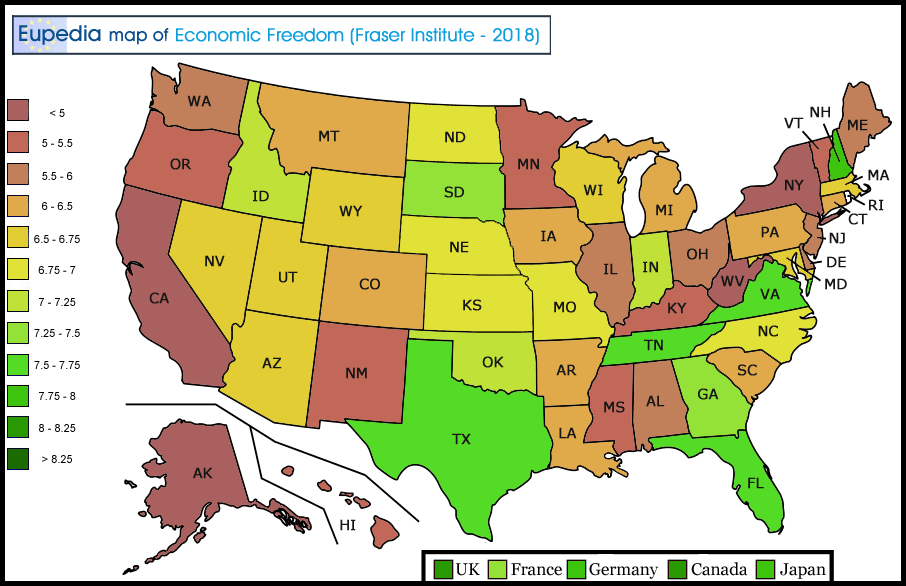 Map of economic freedom (Fraser Institute) in the USA by state