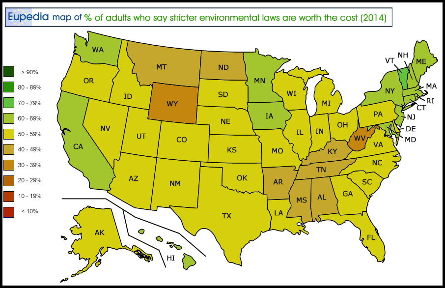 Map showing the percentage of adults who say that stricter environmental laws or regulations are worth the cost in the USA by state