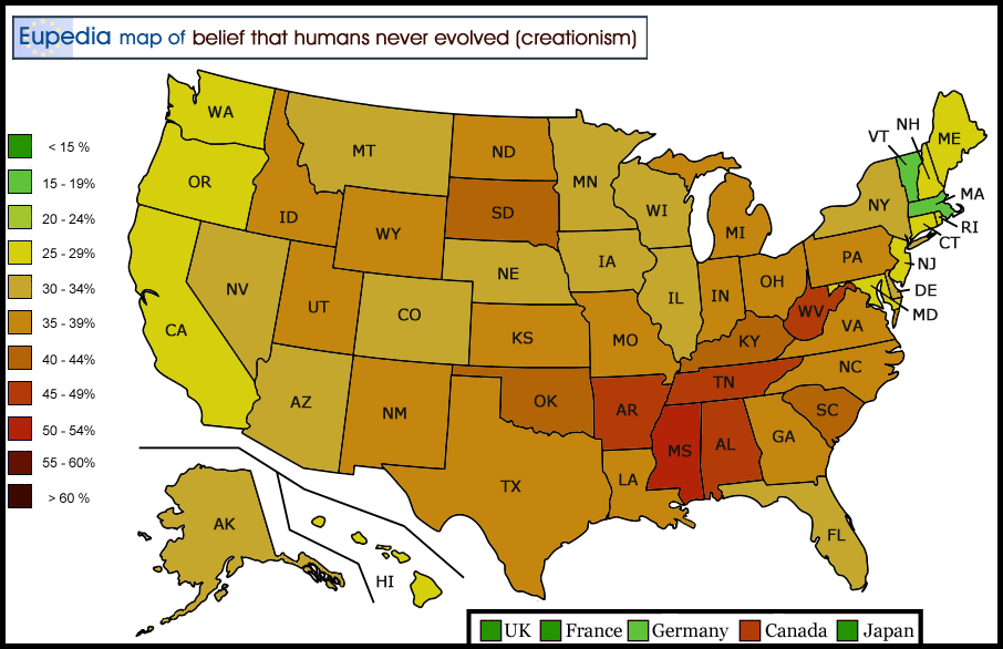 Map of belief in Creationism in the USA by state