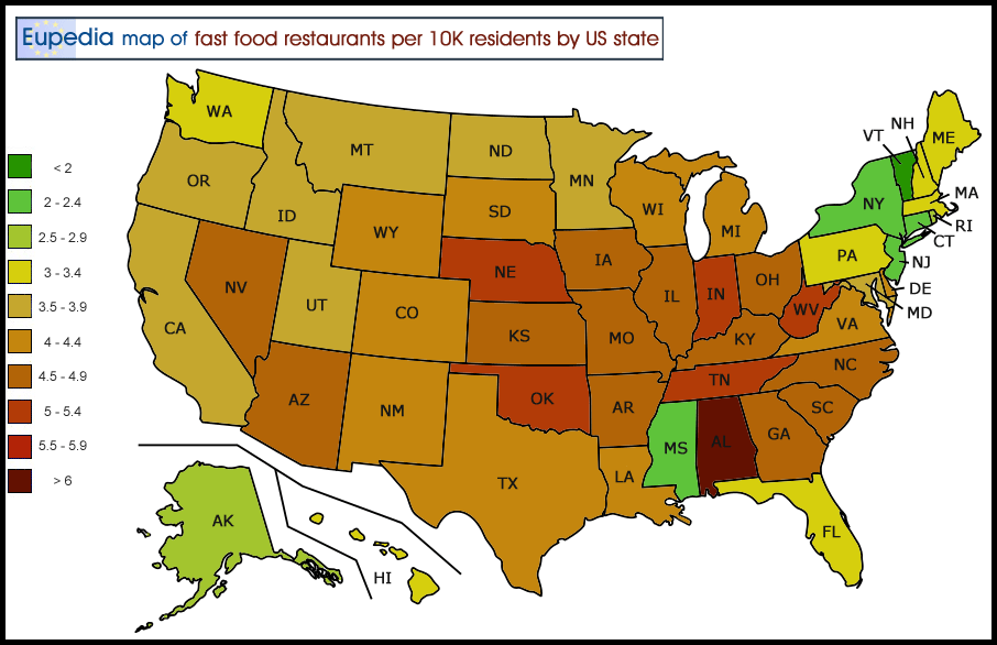 Map showing the number of fast food restaurants per 10,000 inhabitants by US States