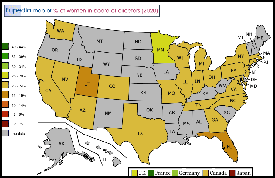 Map of percentage of women in boards of directors of large publicly listed companies in the USA by state