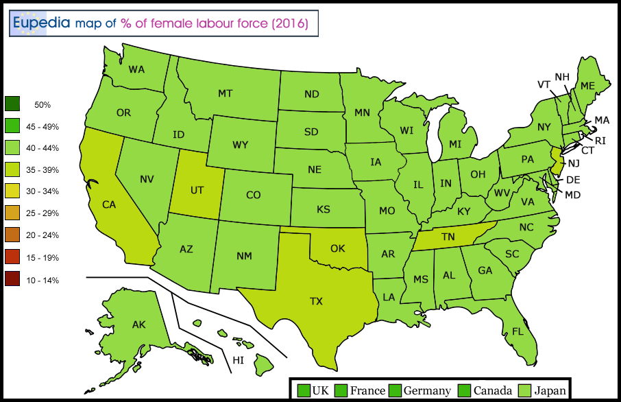 Map of female labour force in the USA by state