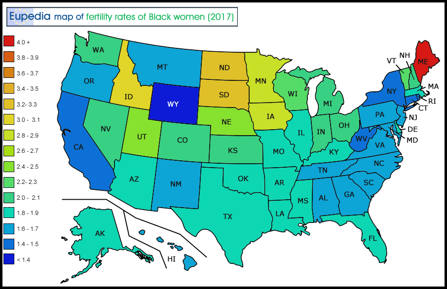 Map of fertility rates of Black women in the USA by state