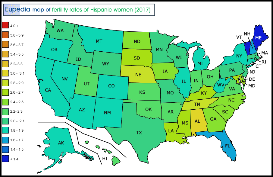 Map of fertility rates of Hispanic women in the USA by state