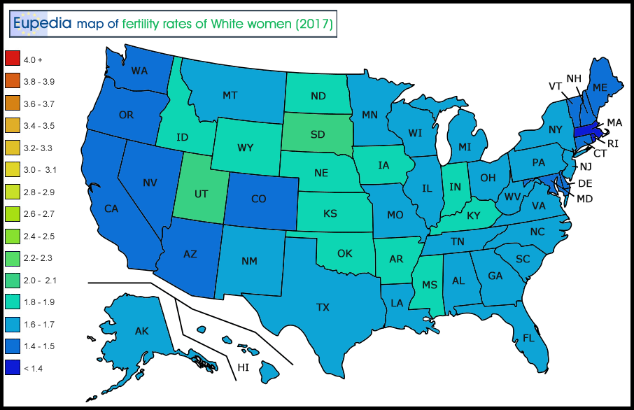 Map of fertility rates of White women in the USA by state